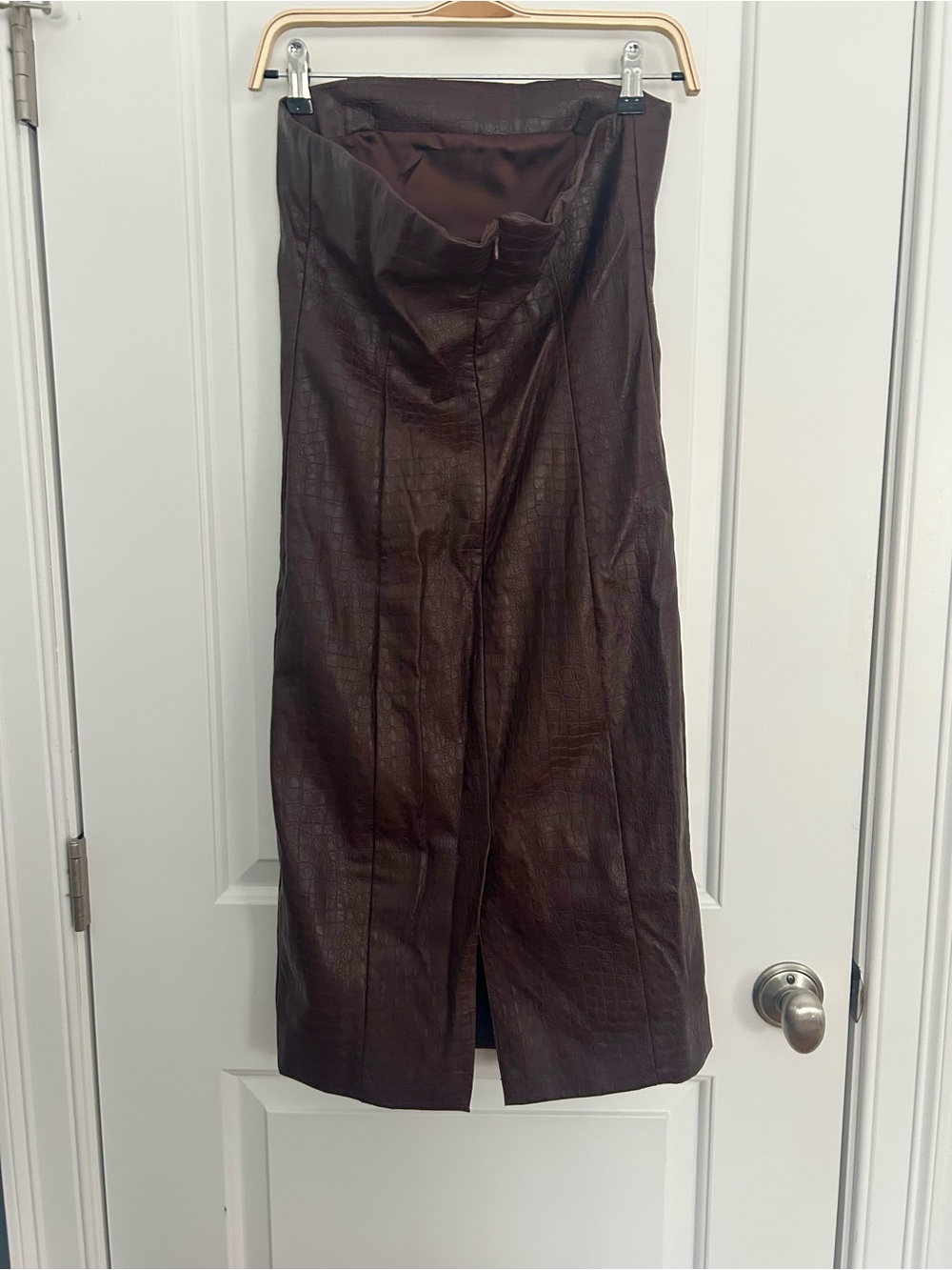7 For All Mankind Strapless Snakeskin Faux Leather Dark Brown Midi Dress - Picture 5 of 6